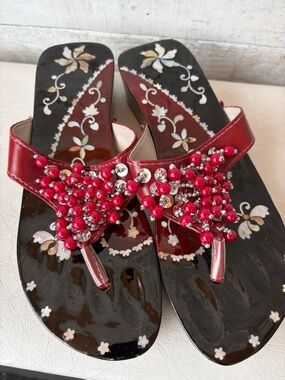 Wooden enamel mother-of-pearl inlay Beaded Toe-Post Sandals